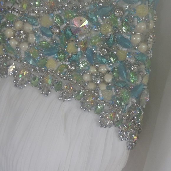 White Sherri Hill Jewel Encrusted Gown teal silver - Picture 13 of 15